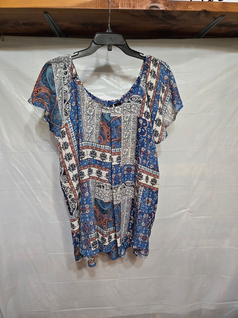 New Directions Blue Multi-Print Short Sleeve Blouse